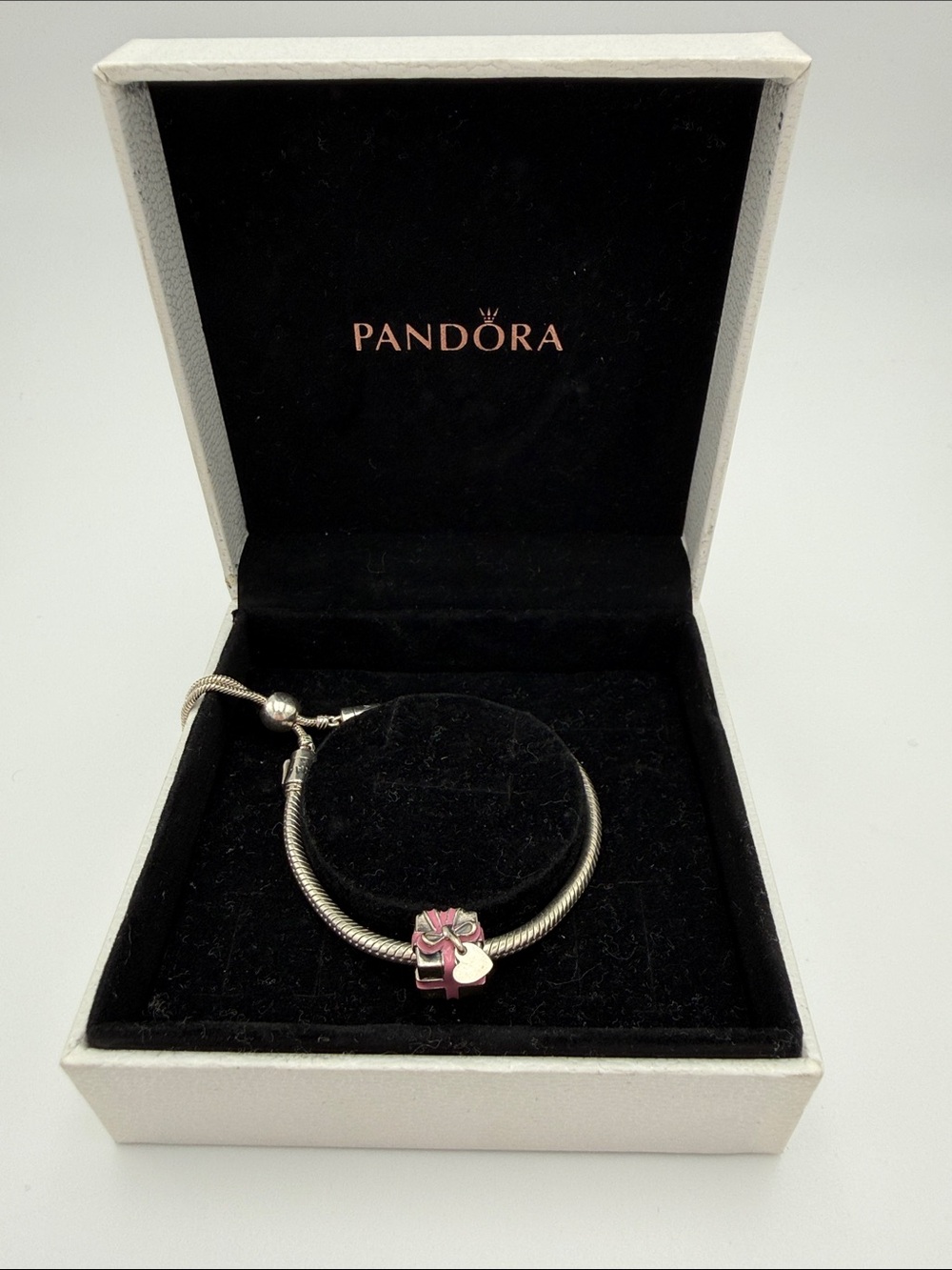 🤩🤩Authentic PANDORA ⭐️⭐️⭐️  Sterling Silver Sliding Bracelet w/ Pink Charm & Box